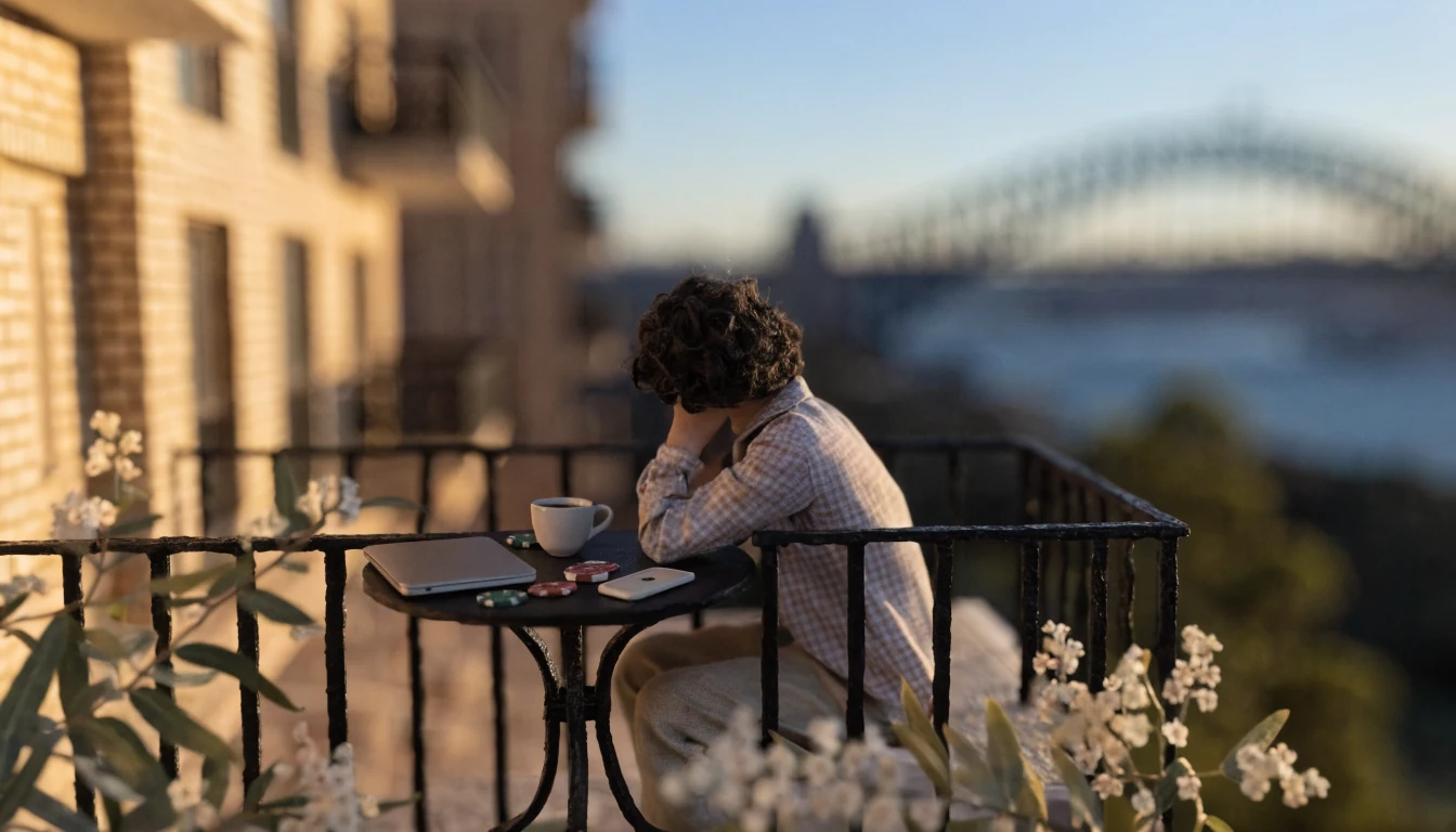 Australian apartment balcony at dusk with closed laptop, smartphone lock screen, coffee, and casino chips.