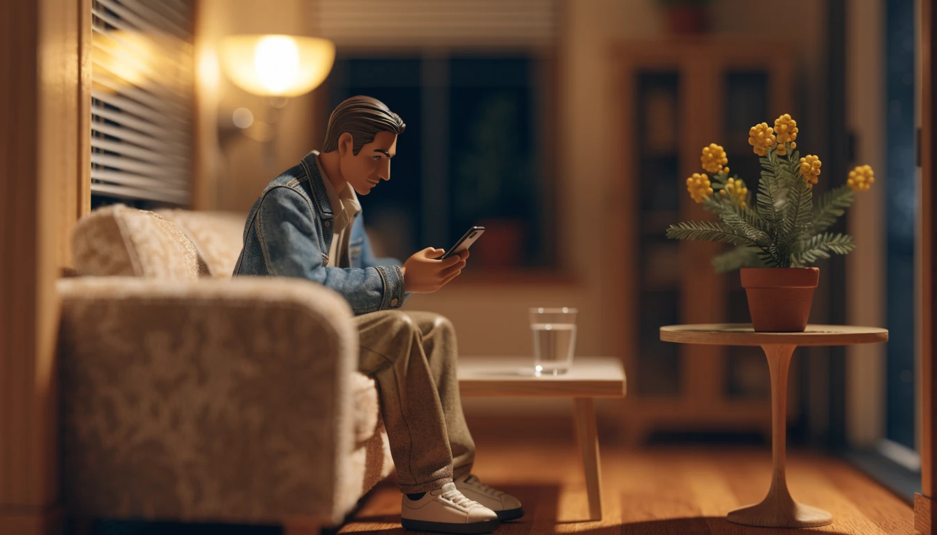 Australian man relaxing at home with a smartphone at night.