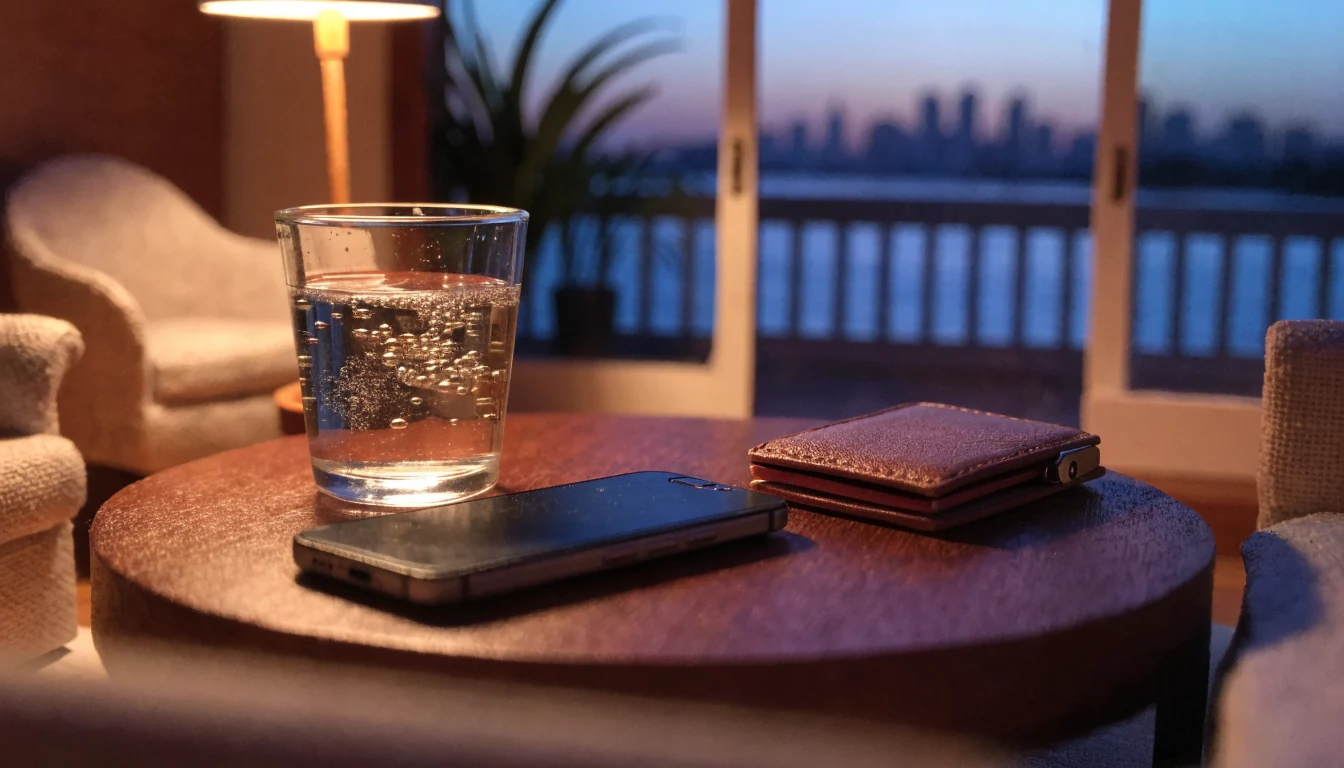 Smartphone face-down on a coffee table in a modern Australian apartment at dusk.