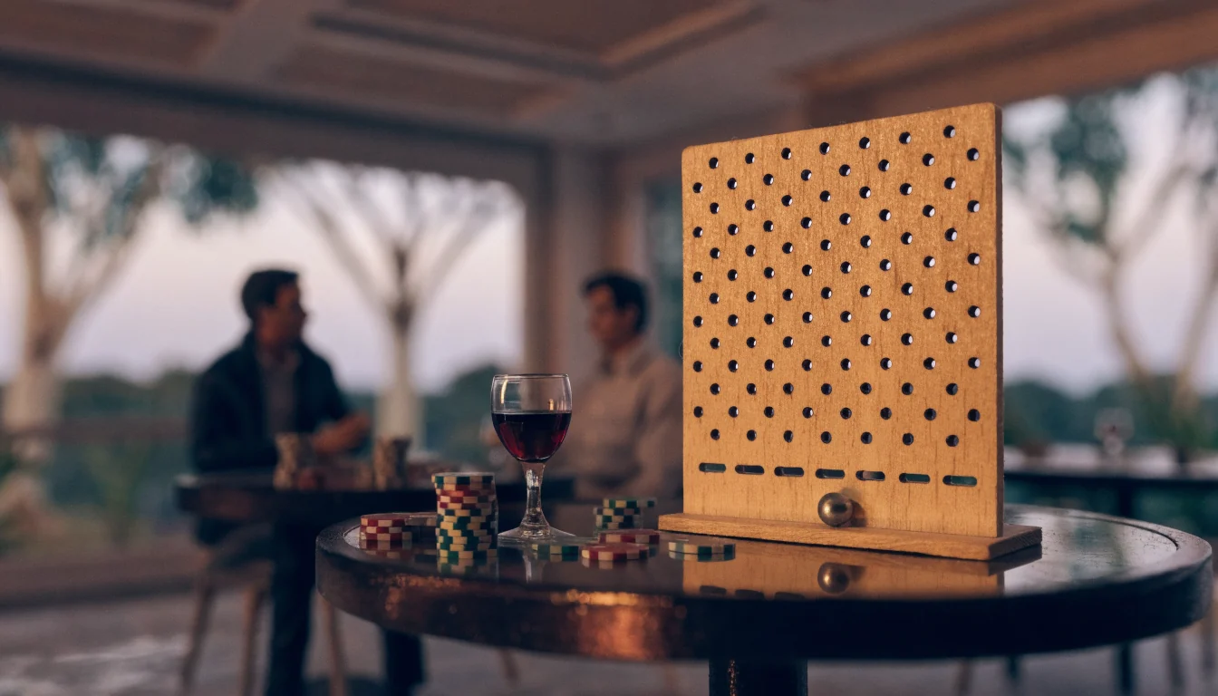 Plinko pegboard on a casino lounge table with a ball and chips