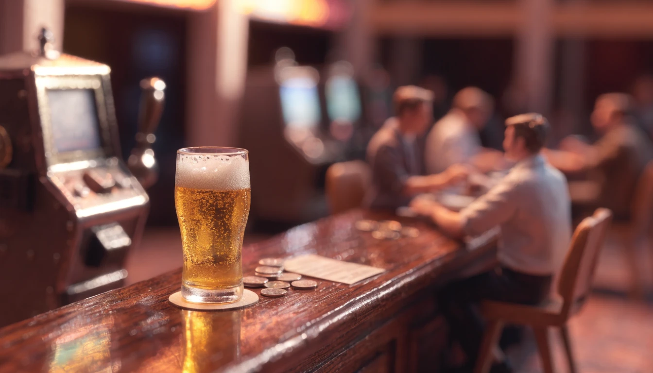 Australian casino bar counter with beer, coins and pokie machine
