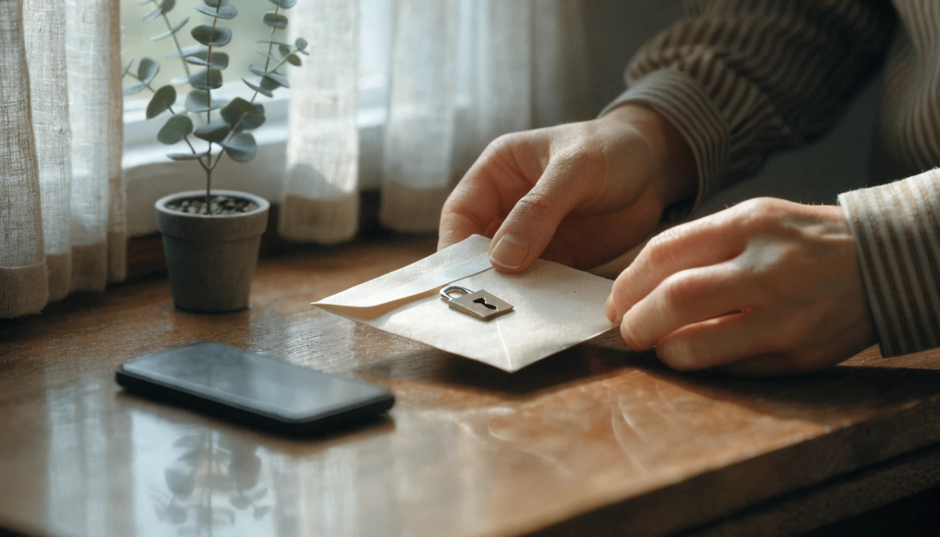 Hands securing a sealed envelope with a padlock on a sunlit desk beside a smartphone.