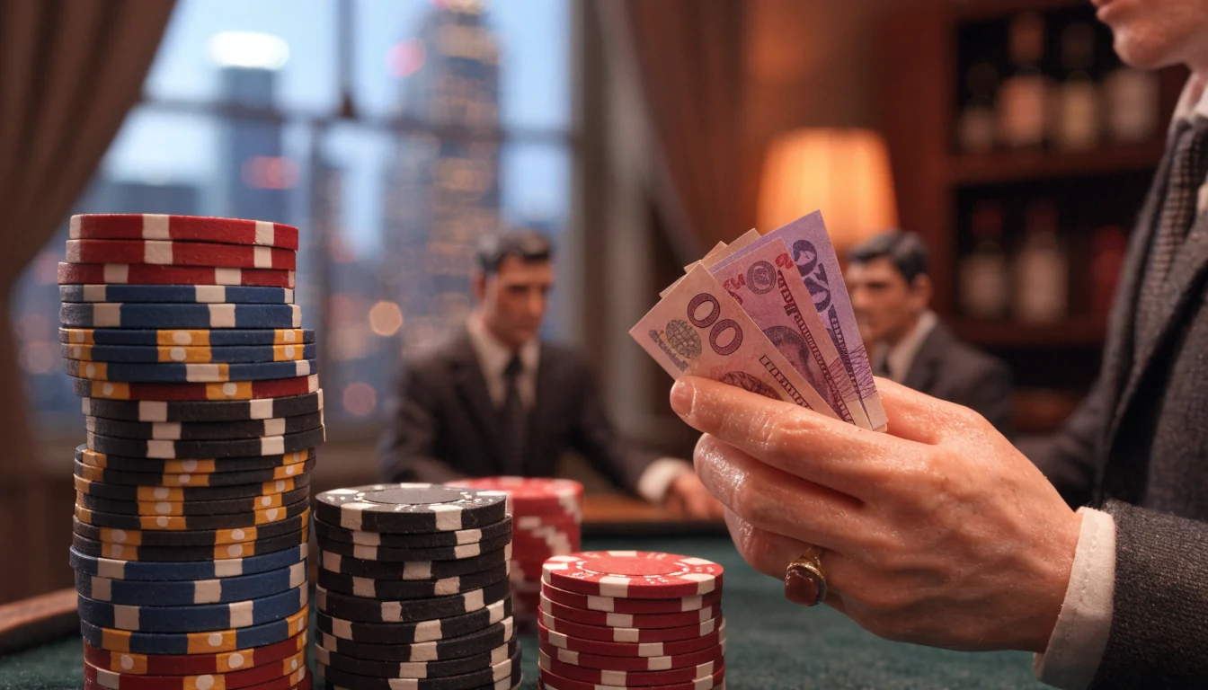 Casino chips on a green table with Australian dollar banknotes and a city skyline at dusk.