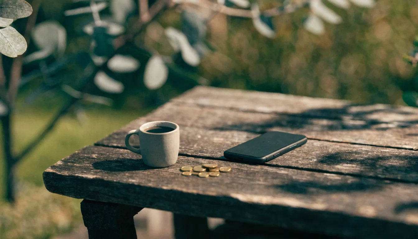 Face-down Android phone on a timber veranda table with coins and a coffee mug, eucalyptus garden behind.