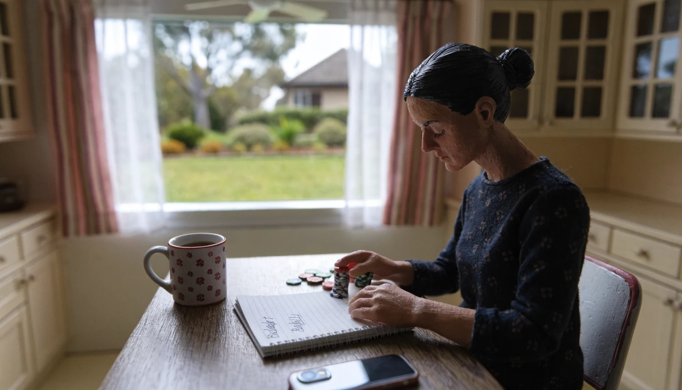 Person pausing from gambling, budgeting at a kitchen table in an Australian home.
