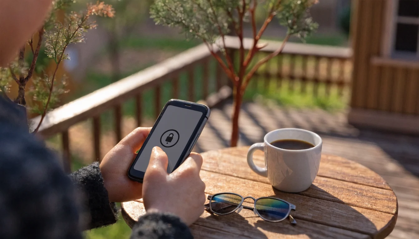 Hand holding locked smartphone at outdoor table in Australia