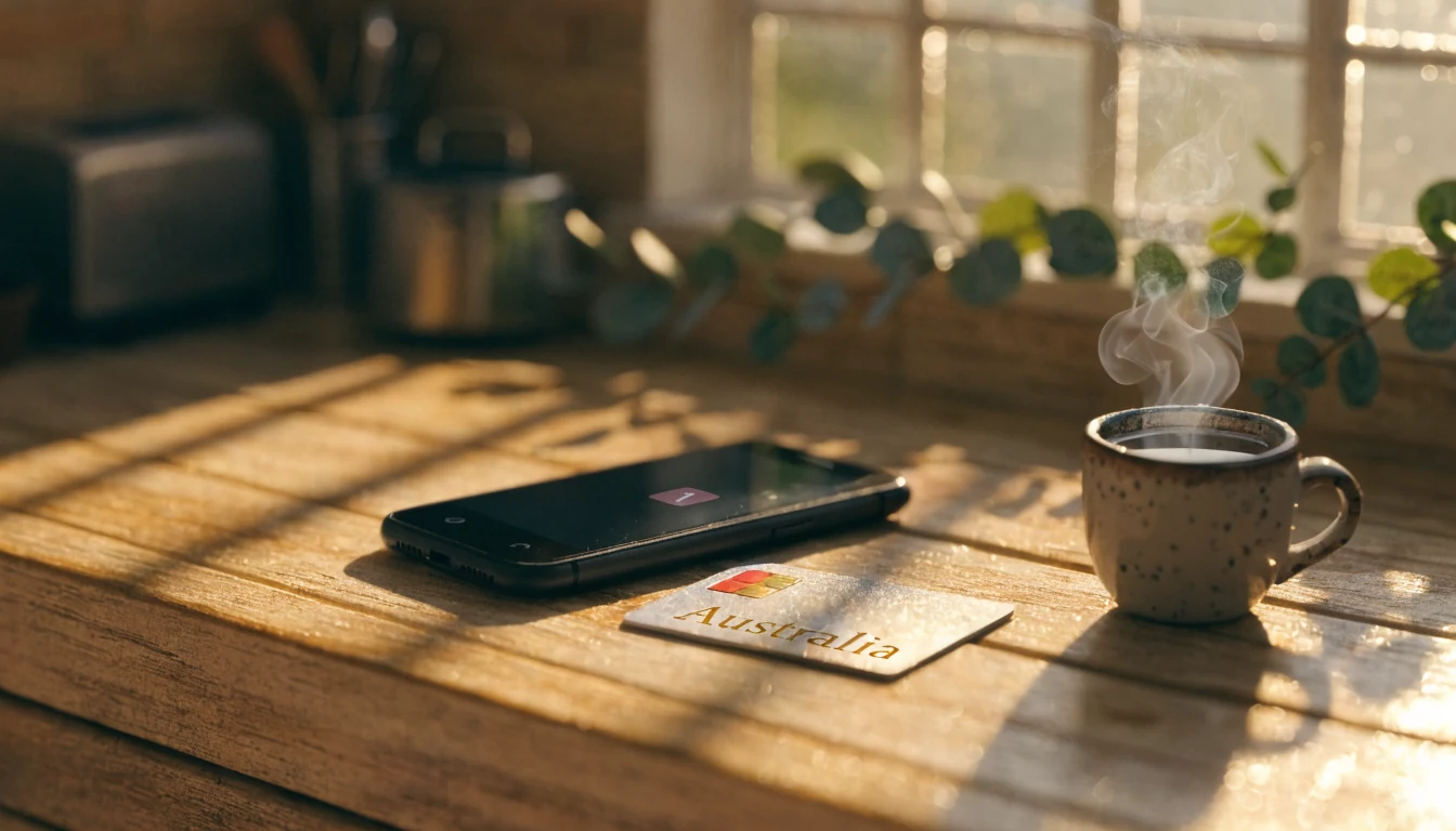 Smartphone with a withdrawal notification on an Australian kitchen counter at sunrise.