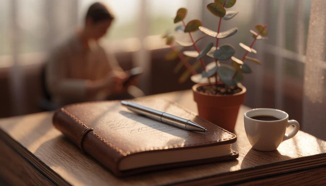 An open notebook with a pen on a sunlit wooden desk beside a coffee cup and eucalyptus plant.